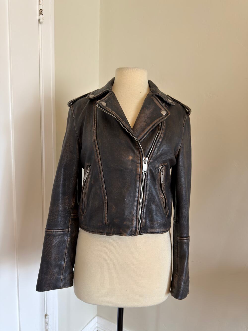 AVEC LES FILLES DISTRESSED BROWN LEATHER MOTO JACKET
